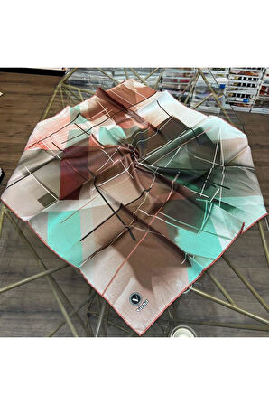Kristal Geometrik Desenli Somon Renkli 90x90 Eşarp (İpek İçermez) Kenar Dikiş Şekli El Dikişli