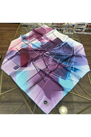 Kristal Geometrik Desenli Lila - Buz Mavisi Renkli 90x90 Eşarp (İpek İçermez) Kenar Dikiş Şekli El Dikişli