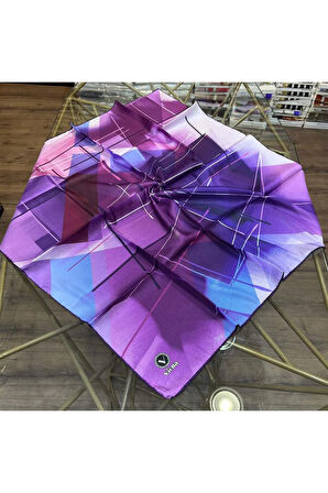 Kristal Geometrik Desenli Mor Renkli 90x90 Eşarp (İpek İçermez) Kenar Dikiş Şekli El Dikişli