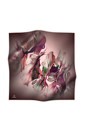 %100 Twill İpek Batik Çiçek Desenli Gül Kurusu - Pudra Renkli 90x90 Eşarp Dikim Şekli : El Dikişi