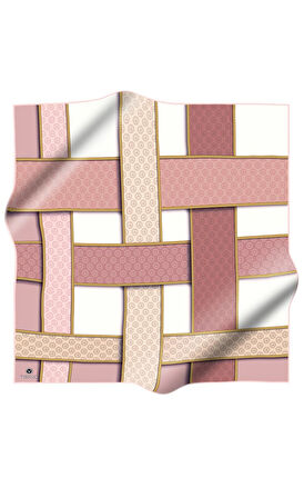 %100 Twill İpek Geometrik Desenli Bej - Pudra Renkli 90x90 Eşarp Dikim Şekli : El Dikişi