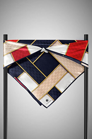 %100 Twill İpek Geometrik Desenli Lacivert - Kırmızı Renkli 90x90 Eşarp Dikim Şekli : El Dikişi