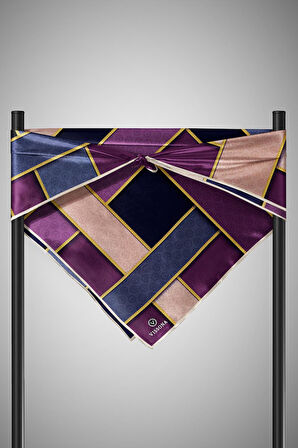 %100 Twill İpek Geometrik Desenli Lacivert - Mor Renkli 90x90 Eşarp Dikim Şekli : El Dikişi