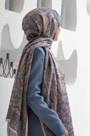 100% İpek Etnik Desenli Pudra - Gül Kurusu Renkli 92x210 Şal