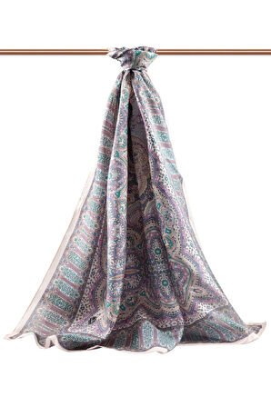 100% İpek Etnik Desenli Pudra - Gül Kurusu Renkli 92x210 Şal