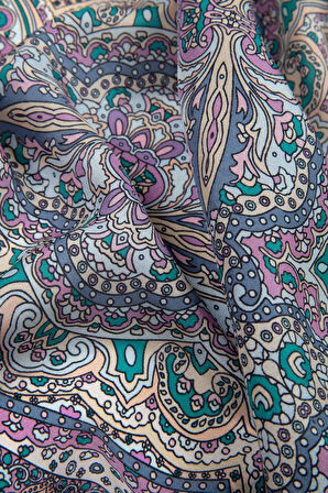 100% İpek Etnik Desenli Pudra - Gül Kurusu Renkli 92x210 Şal