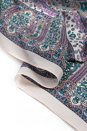 100% İpek Etnik Desenli Pudra - Gül Kurusu Renkli 92x210 Şal