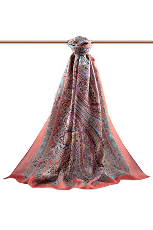 %100 İpek Etro Desenli Turuncu Renkli 92x210 Şal