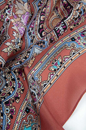 %100 İpek Etro Desenli Turuncu Renkli 92x210 Şal