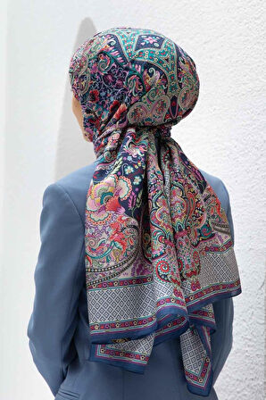 %100 İPEK ETRO DESENLİ LACİVERT - TURUNCU RENKLİ ŞAL