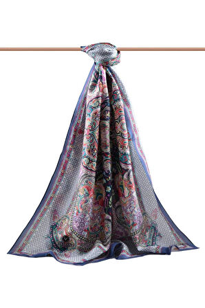 %100 İPEK ETRO DESENLİ LACİVERT - TURUNCU RENKLİ ŞAL