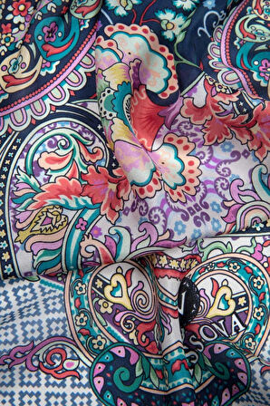 %100 İPEK ETRO DESENLİ LACİVERT - TURUNCU RENKLİ ŞAL