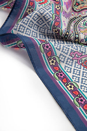 %100 İPEK ETRO DESENLİ LACİVERT - TURUNCU RENKLİ ŞAL