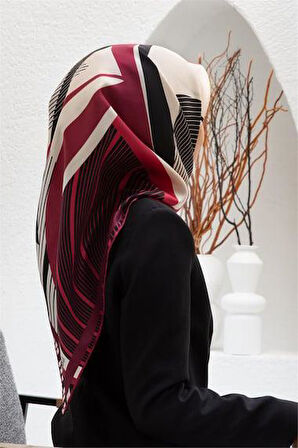 Vissona Tivil İpek Eşarp 60780 - 7 - 0017 - 0003 Bordo Kırmızı Çizgi Desen