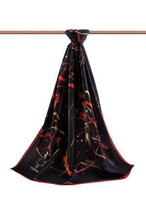 LÜKS MEDİNE İPEĞİ BOYA DAMLASI DESENLİ SİYAH - BORDO RENKLİ 75X195 KIRIŞMAZ ŞAL MOSS KREP DİKİŞ TİPİ İTALYAN DİKİŞLİ