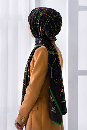 LÜKS MEDİNE İPEĞİ BOYA DAMLASI DESENLİ SİYAH - ZÜMRÜT YEŞİLİ RENKLİ 75X195 KIRIŞMAZ ŞAL MOSS KREP DİKİŞ TİPİ İTALYAN DİKİŞLİ