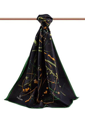 LÜKS MEDİNE İPEĞİ BOYA DAMLASI DESENLİ SİYAH - ZÜMRÜT YEŞİLİ RENKLİ 75X195 KIRIŞMAZ ŞAL MOSS KREP DİKİŞ TİPİ İTALYAN DİKİŞLİ