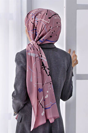 LÜKS MEDİNE İPEĞİ BOYA DAMLASI DESENLİ PUDRA RENKLİ 75X195 KIRIŞMAZ ŞAL MOSS KREP DİKİŞ TİPİ İTALYAN DİKİŞLİ