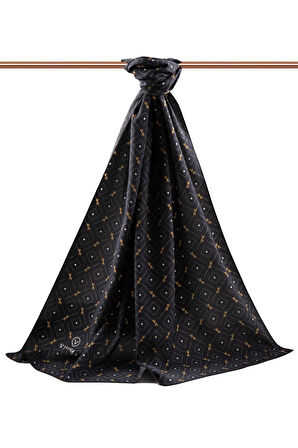 LÜKS MEDİNE İPEĞİ GEOMETRİK DESENLİ SİYAH - GOLD RENKLİ 75X195 KIRIŞMAZ ŞAL MOSS KREP DİKİŞ TİPİ İTALYAN DİKİŞLİ