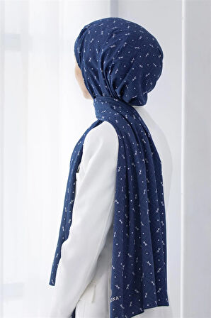 LÜKS MEDİNE İPEĞİ GEOMETRİK DESENLİ LACİVERT RENKLİ 75X195 KIRIŞMAZ ŞAL MOSS KREP DİKİŞ TİPİ İTALYAN DİKİŞLİ