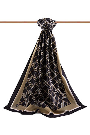 LÜKS MEDİNE İPEĞİ EKOSE DESENLİ SİYAH - VİZON RENKLİ 75X195 KIRIŞMAZ ŞAL MOSS KREP DİKİŞ TİPİ İTALYAN DİKİŞLİ