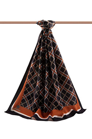 LÜKS MEDİNE İPEĞİ EKOSE DESENLİ SİYAH - TABA RENKLİ 75X195 KIRIŞMAZ ŞAL MOSS KREP DİKİŞ TİPİ İTALYAN DİKİŞLİ