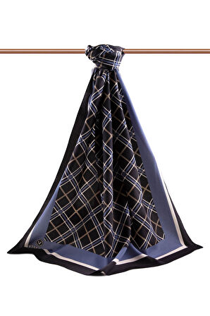 LÜKS MEDİNE İPEĞİ EKOSE DESENLİ SİYAH - İNDİGO RENKLİ 75X195 KIRIŞMAZ ŞAL MOSS KREP DİKİŞ TİPİ İTALYAN DİKİŞLİ