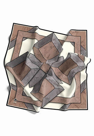 Kristal Mermer Desenli Gri - Bej Renkli 90x90 Eşarp (İpek İçermez) Kenar Dikiş Şekli El Dikişli