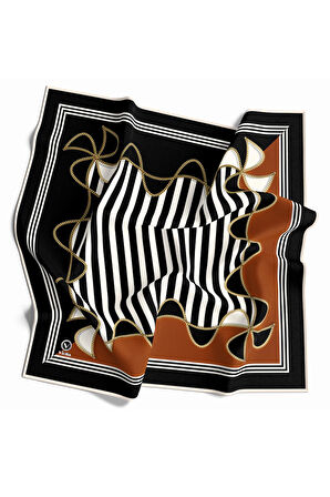 Kristal Geometrik Desenli Taba - Siyah Renkli 90x90 Eşarp (İpek İçermez) Kenar Dikiş Şekli El Dikişli