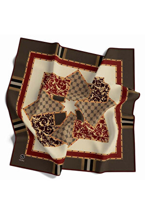 Kristal Ekoseli Gold Desenli Vizon - Bordo Renkli 90x90 Eşarp (İpek İçermez) Kenar Dikiş Şekli El Dikişli