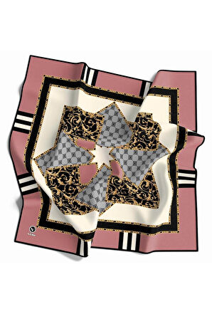 Kristal Ekoseli Gold Desenli Pudra - Gri Renkli 90x90 Eşarp (İpek İçermez) Kenar Dikiş Şekli El Dikişli