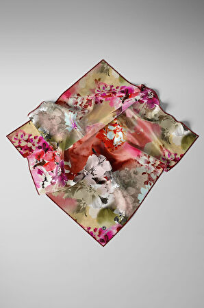 %100 Twill İpek Çiçek  Desenli Bordo - Kırmızı Renkli 90x90 Eşarp Dikim Şekli : El Dikişi