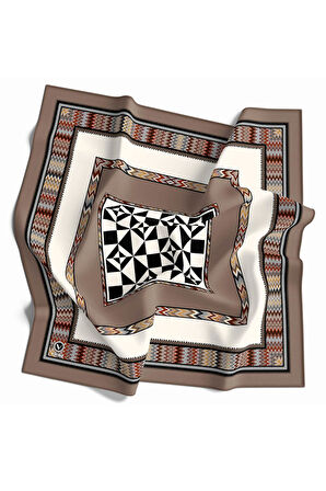 Kristal Geometrik Desenli Bej - Krem Renkli 90x90 Dikim Şekli : El Dikişi Eşarp (İpek İçermez)