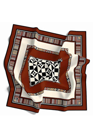 Kristal Geometrik Desenli Taba - Krem Renkli 90x90 Dikim Şekli : El Dikişi Eşarp (İpek İçermez)