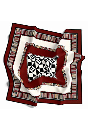 Kristal Geometrik Desenli Bordo - Krem Renkli 90x90 Dikim Şekli : El Dikişi Eşarp (İpek İçermez)