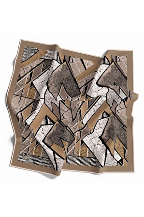 Kristal Geometrik Desenli Gri - Bej Renkli 90x90 Eşarp (İpek İçermez) Kenar Dikiş Şekli El Dikişli