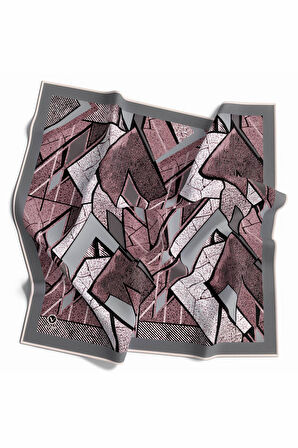 Kristal Geometrik Desenli Gri - Pudra Renkli 90x90 Eşarp (İpek İçermez) Kenar Dikiş Şekli El Dikişli