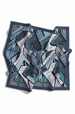Kristal Geometrik Desenli İndigo Renkli 90x90 Eşarp (İpek İçermez) Kenar Dikiş Şekli El Dikişli