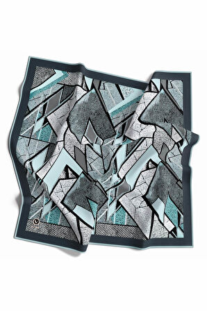 Kristal Geometrik Desenli Turkuaz Renkli 90x90 Eşarp (İpek İçermez) Kenar Dikiş Şekli El Dikişli
