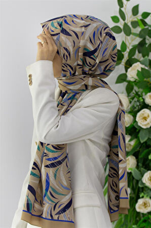 LÜKS MEDİNE İPEĞİ GEOMETRIK DESENLİ SAKS RENKLİ 75X195 KIRIŞMAZ ŞAL MOSS KREP DİKİŞ TİPİ İTALYAN DİKİŞLİ