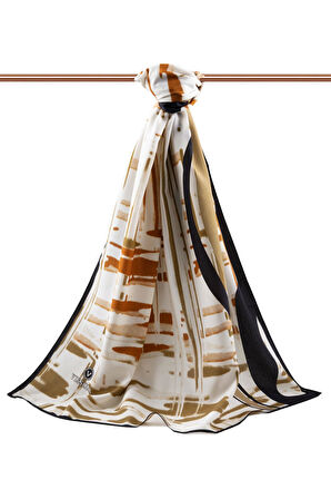 LÜKS MEDİNE İPEĞİ GEOMETRIK DESENLİ TABA RENKLİ 75X195 KIRIŞMAZ ŞAL MOSS KREP DİKİŞ TİPİ İTALYAN DİKİŞLİ