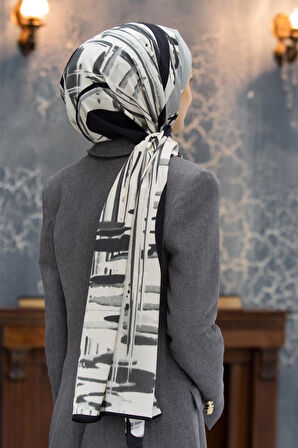 LÜKS MEDİNE İPEĞİ GEOMETRIK DESENLİ GRİ RENKLİ 75X195 KIRIŞMAZ ŞAL MOSS KREP DİKİŞ TİPİ İTALYAN DİKİŞLİ