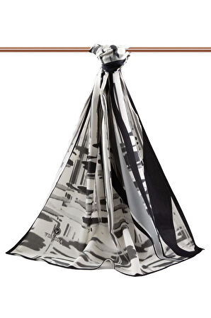 LÜKS MEDİNE İPEĞİ GEOMETRIK DESENLİ GRİ RENKLİ 75X195 KIRIŞMAZ ŞAL MOSS KREP DİKİŞ TİPİ İTALYAN DİKİŞLİ