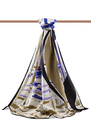 LÜKS MEDİNE İPEĞİ GEOMETRIK DESENLİ SAKS RENKLİ 75X195 KIRIŞMAZ ŞAL MOSS KREP DİKİŞ TİPİ İTALYAN DİKİŞLİ