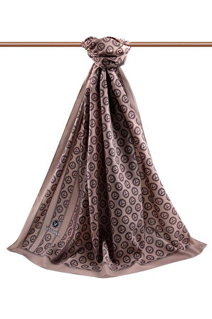 LÜKS MEDİNE İPEĞİ DEGRADELİ MONOGRAM DESENLİ VİZON RENKLİ 75X195 KIRIŞMAZ ŞAL MOSS KREP DİKİŞ TİPİ İTALYAN DİKİŞLİ