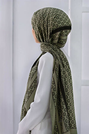 LÜKS MEDİNE İPEĞİ DEGRADELİ MONOGRAM DESENLİ HAKİ RENKLİ 75X195 KIRIŞMAZ ŞAL MOSS KREP DİKİŞ TİPİ İTALYAN DİKİŞLİ