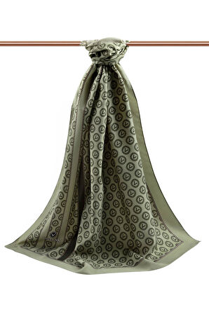 LÜKS MEDİNE İPEĞİ DEGRADELİ MONOGRAM DESENLİ HAKİ RENKLİ 75X195 KIRIŞMAZ ŞAL MOSS KREP DİKİŞ TİPİ İTALYAN DİKİŞLİ