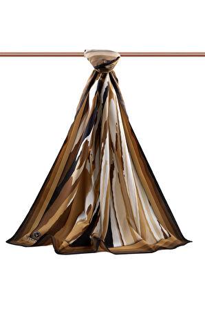 LÜKS MEDİNE İPEĞİ GEOMETRİK DESENLİ SÜTLÜ KAHVE RENKLİ 75X195 KIRIŞMAZ ŞAL MOSS KREP DİKİŞ TİPİ İTALYAN DİKİŞLİ