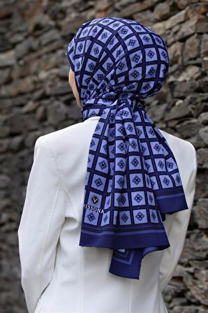 LÜKS MEDİNE İPEĞİ KARE DESENLİ LACİVERT - İNDİGO RENKLİ 75X195 KIRIŞMAZ ŞAL MOSS KREP DİKİŞ TİPİ İTALYAN DİKİŞLİ