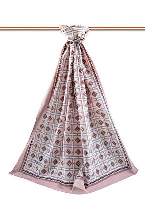 LÜKS MEDİNE İPEĞİ KARE DESENLİ SÜTLÜ KAHVE RENKLİ 75X195 KIRIŞMAZ ŞAL MOSS KREP DİKİŞ TİPİ İTALYAN DİKİŞLİ